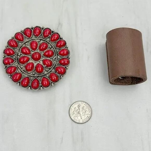 Western Round Silver Tone with Red Stones Wild Rag Scarf Slide - Picture 2 of 3